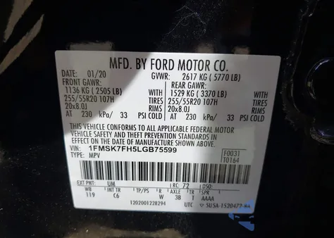 2020 Ford Explorer Limited from USA, damaged, VIN 1FMSK7FH5LGB75599